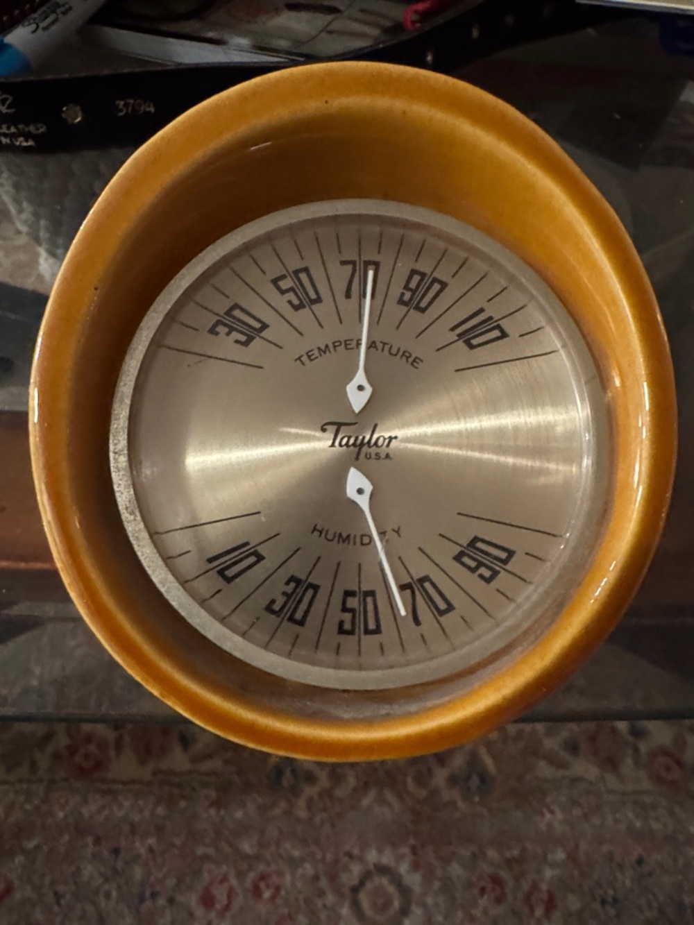 Vintage Taylor Amber MCM Ceramic Thermometer & Barometer USA 1960s.